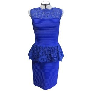 TADASHI SHOJI Lace Peblum Dress Indigo Blue Party Cocktail Formal M Medium 8 10